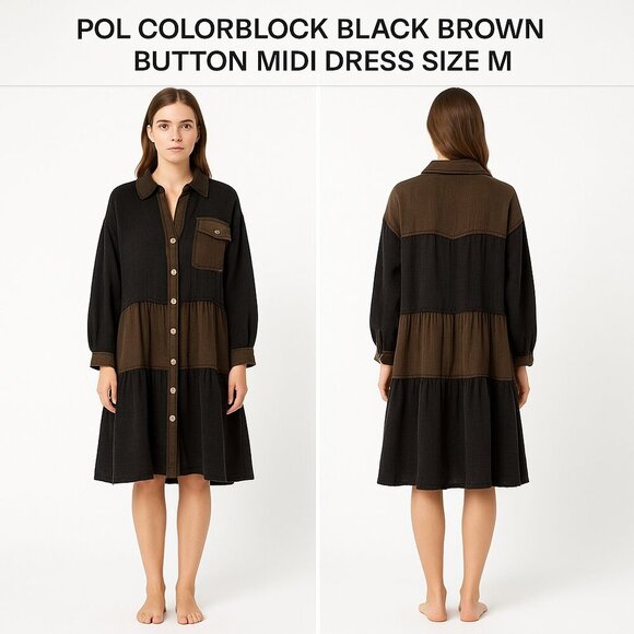 POL COLORBLOCK BLACK BROWN BUTTON MIDI DRESS SIZE M - Picture 1 of 12